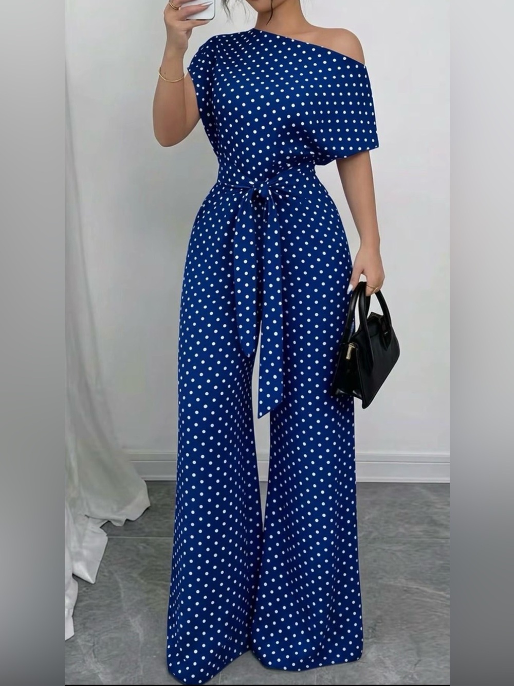 Polka Dot One-Shoulder Wide-Leg Jumpsuit - Blue